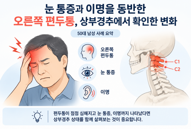 오른쪽 편두통 원인 확인, 눈 통증·이명과 상부경추의 연관성