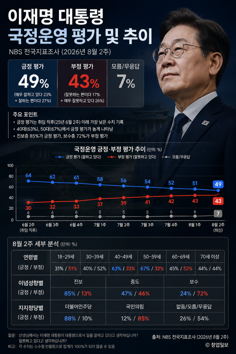 이재명 대통령 지지율 49%·민주당 40%…부동산 정책은 56% 부정평가