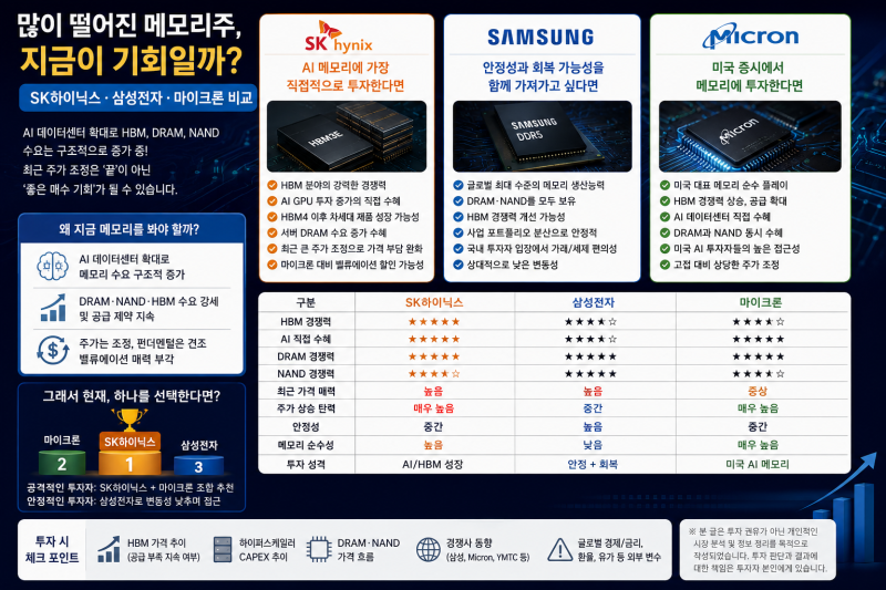 많이 떨어진 메모리주, 지금이 기회일까? SK하이닉스·삼성전자·마이크론 비교