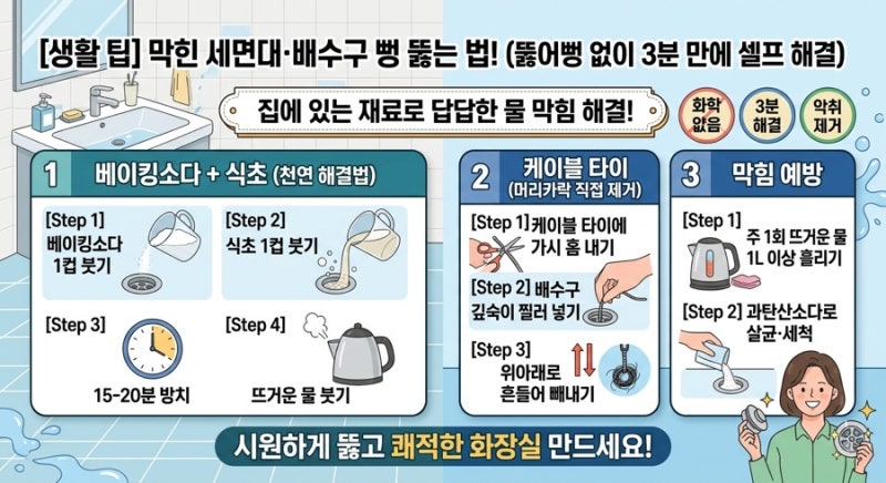 [생활 팁] 막힌 세면대·배수구 뻥 뚫는 법! (뚫어뻥 없이 3분 만에 셀프 해결)