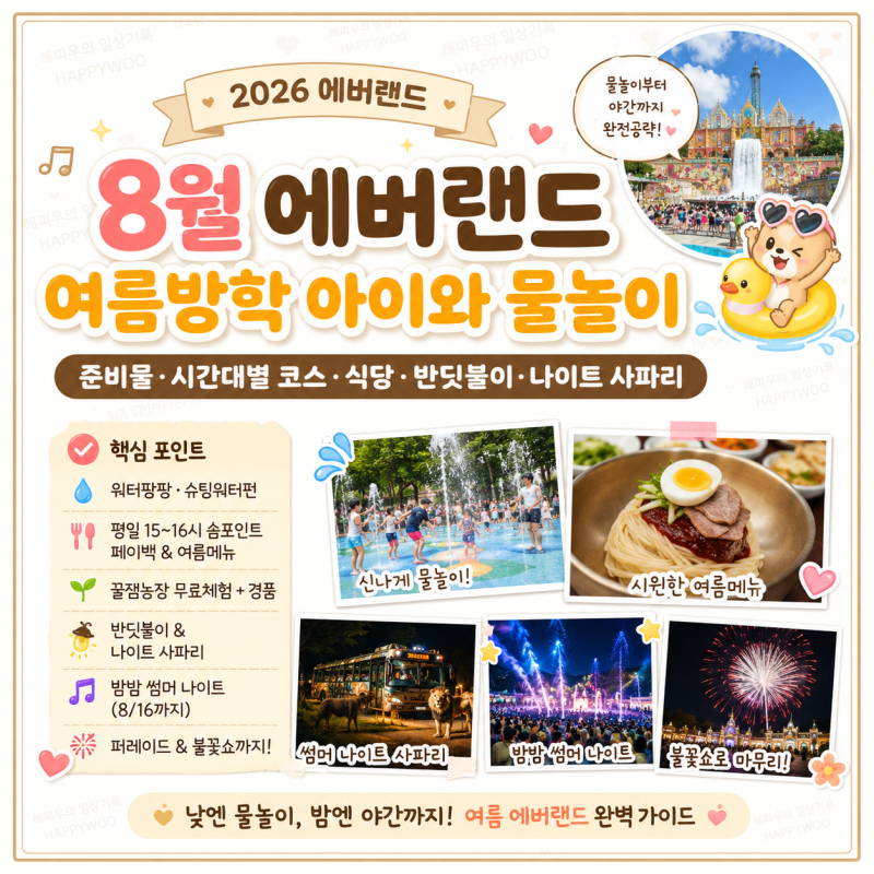[2026 에버랜드] 8월 여름방학 아이와 물놀이｜준비물·시간대별 코스·식당·반딧불이·나이트....