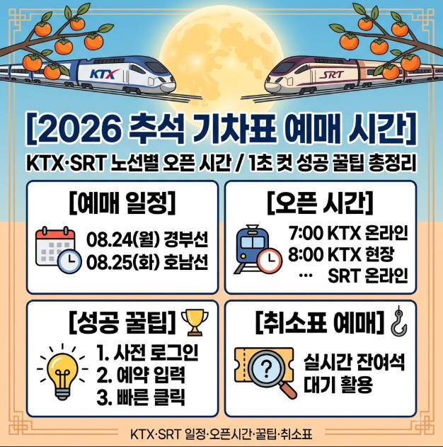 [2026 추석 기차표 예매 시간] KTX·SRT 노선별 오픈 시간 및 1초 컷 성공 꿀팁 총정리