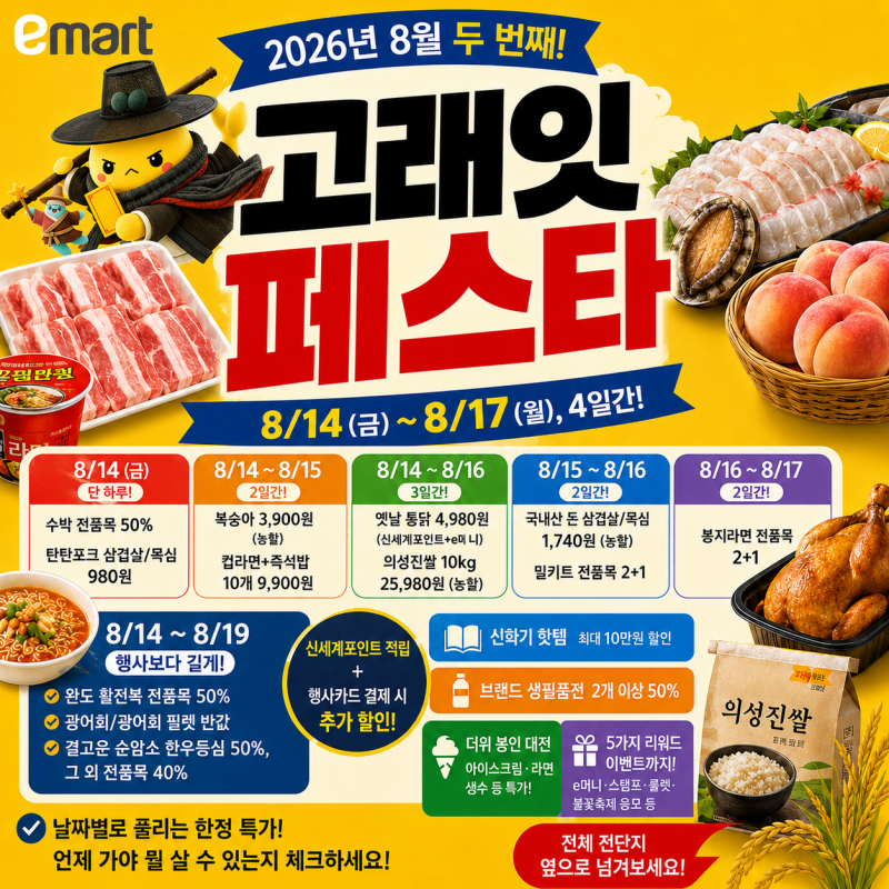 이마트 전단지 할인 행사 고래잇페스타 총정리(8월 14일 ~ 17일) - 날짜별 반값 특가 캘린더