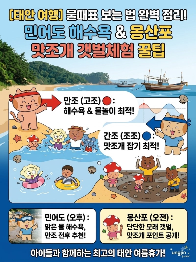 [태안 여행] 물때표 보는 법 완벽 정리! 민어도 해수욕 & 몽산포 맛조개 갯벌체험 꿀팁