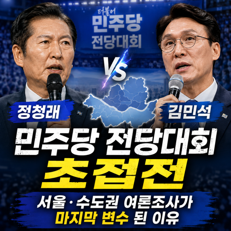 <b>정청래 김민석</b> 민주당 전당대회 초접전｜서울·수도권 여론조사가 ....