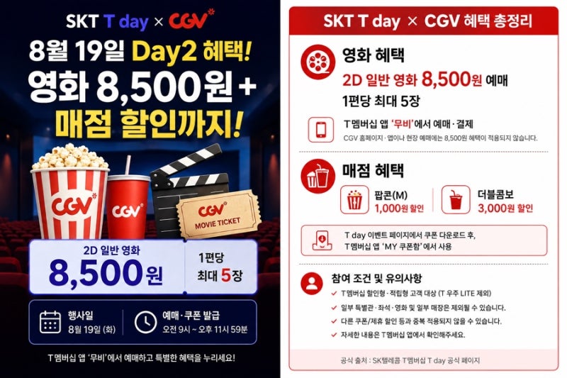SKT T day 8월 CGV 할인｜8월 19일 영화 8,500원 + 팝콘·콤보 할인 총정리