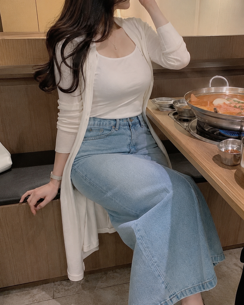 하늘색롱청치마 롱가디건 미시룩 동탄미시룩 8월 휴가룩｜부대찌개 먹고 동네 언니들이랑 ....