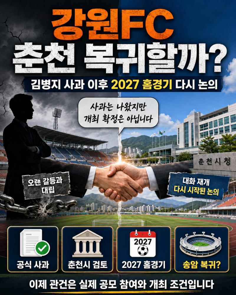 김병지 춘천시 공식 사과, 강원FC 2027 홈경기 춘천 복귀할까? 갈등 전말과 공모 전망