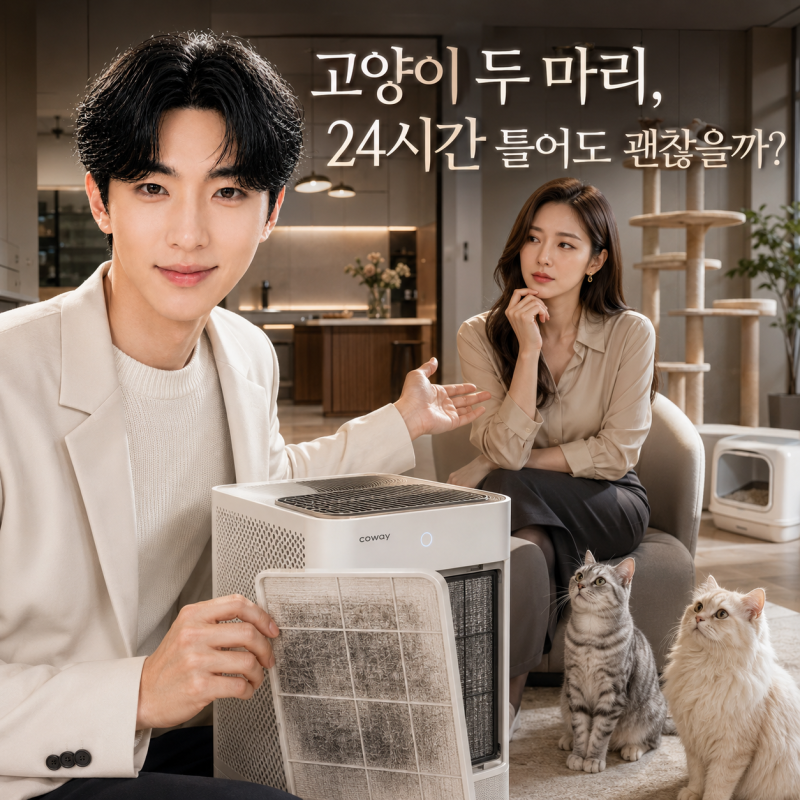 코웨이 공기청정기 렌탈 가격, 반려묘 때문에 24시간 켜두면 전기세·필터비 폭탄 맞을까? (실....