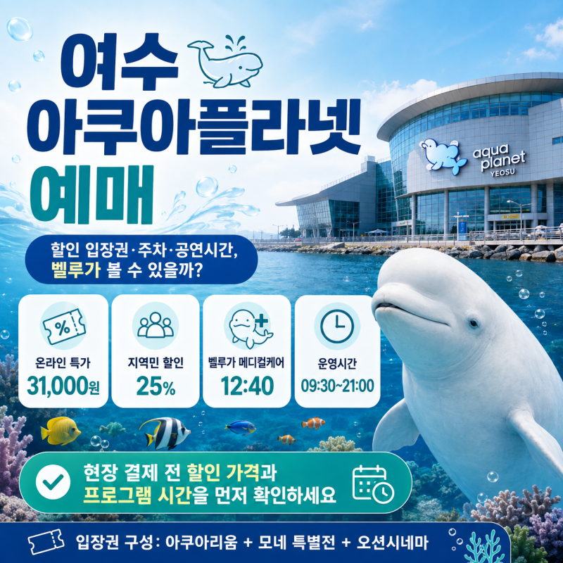 여수 아쿠아플라넷 예매, 할인 입장권·주차·공연시간, 벨루가 볼 수 있을까?