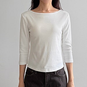 여성 슬림 보트넥 7부 티셔츠 입술티 가을 간절기 여리핏 세미크롭 칠부티셔츠