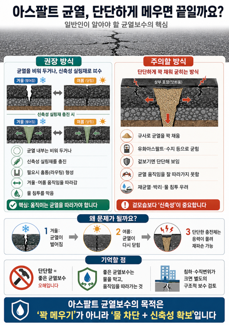 아스팔트 균열은 단단하게 메우면 끝일까? 균열보수의 가장 흔한 오해