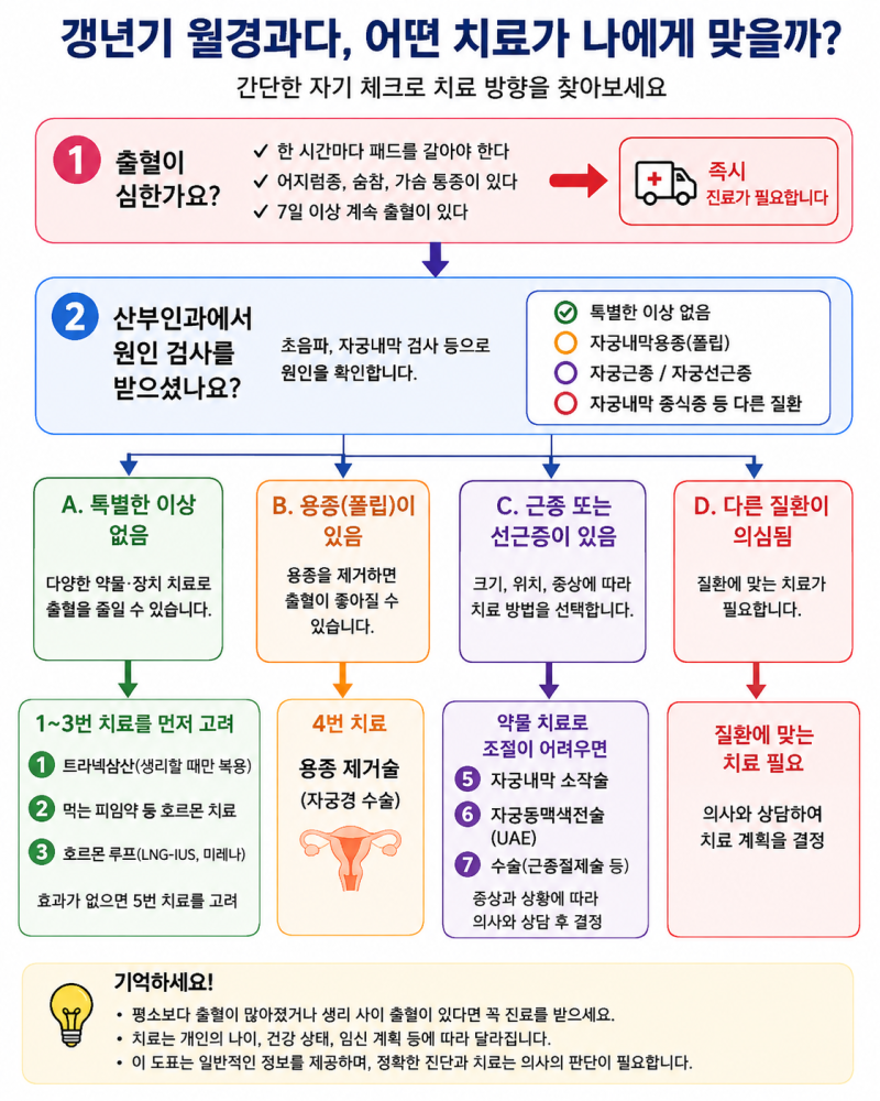 갱년기 월경과다, 어떤 치료가 나에게 맞을까? 미레나·먹는 약·루프론데포·하이푸·색전술....