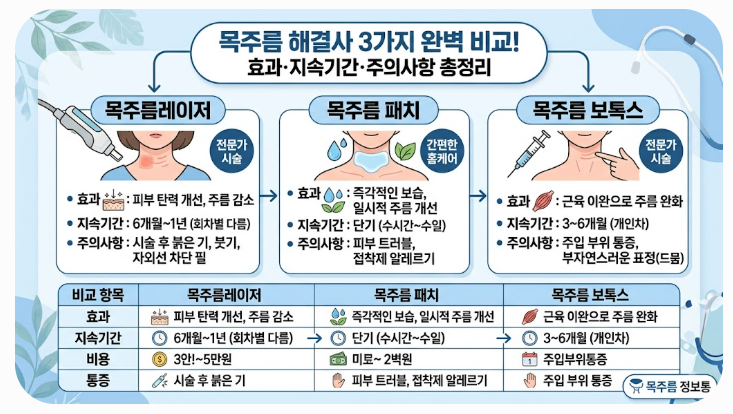 목주름레이저 목주름 패치 목주름 보톡스 3가지 비교 — 효과·지속기간·주의사항