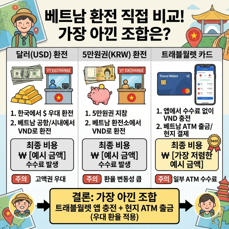 베트남 환전 달러 vs 5만원권 vs 트래블월렛, 직접 비교해보니 가장 아낀 조합은?