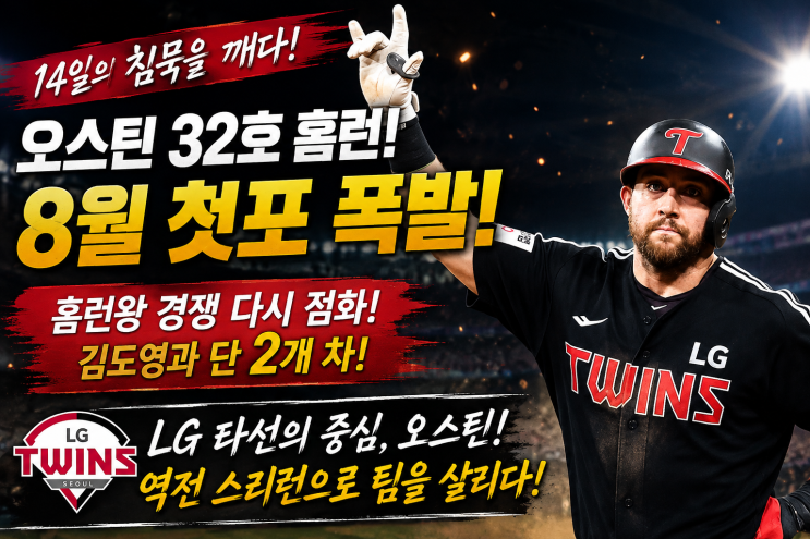 LG트윈스 <b>오스틴</b> 8월 첫 <b>홈런</b> 폭발! 다시 <b>홈런왕 경쟁</b> 뛰어들다