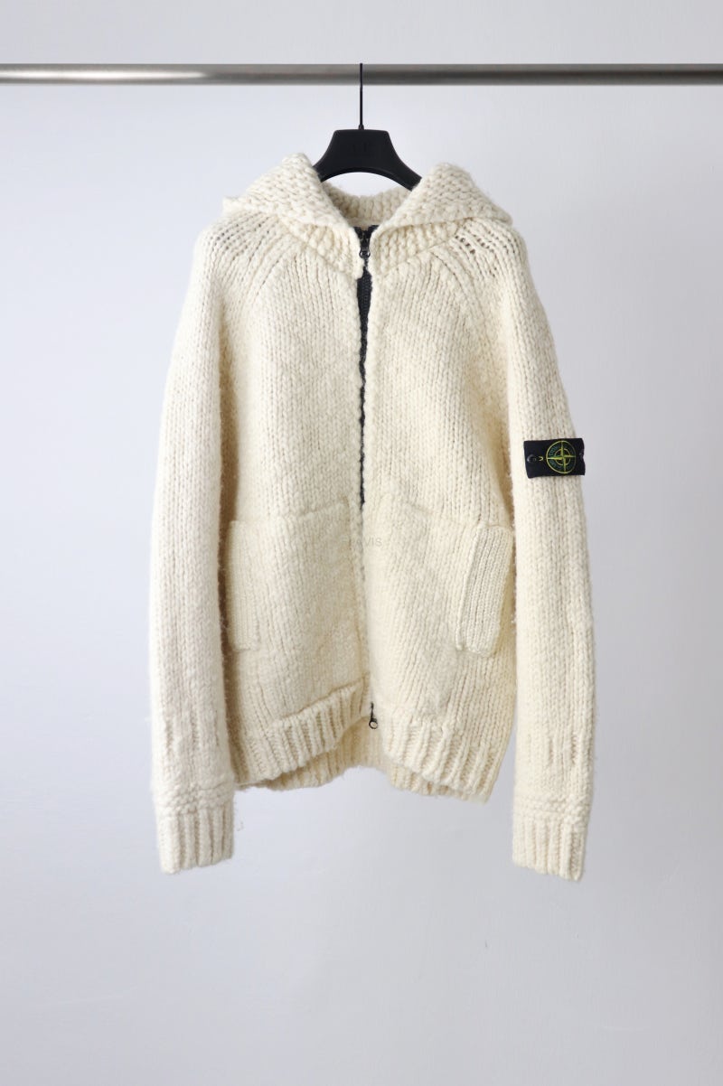 스톤아일랜드 핸드메이드 필 후드 니트집업 아이보리 L사이즈 544D4 HANDMADE FEEL HOODED KNIT CARDIGAN....