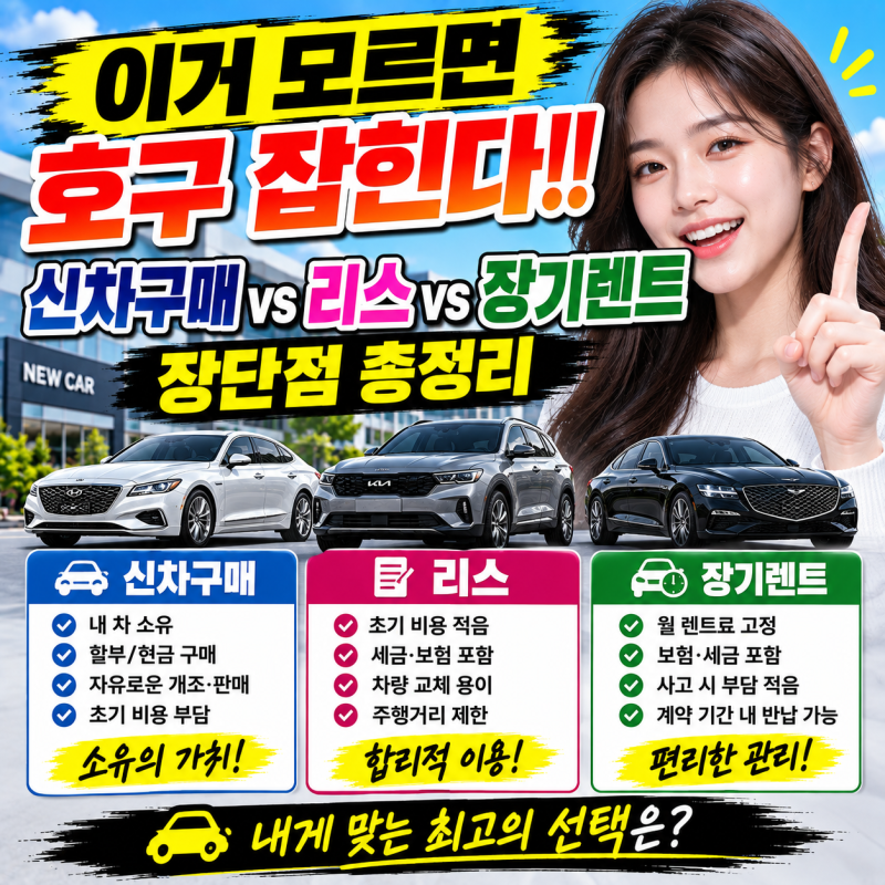 이거 모르면 호구 잡힌다!! 신차구매 vs 리스 vs 장기렌트 장단점 총정리