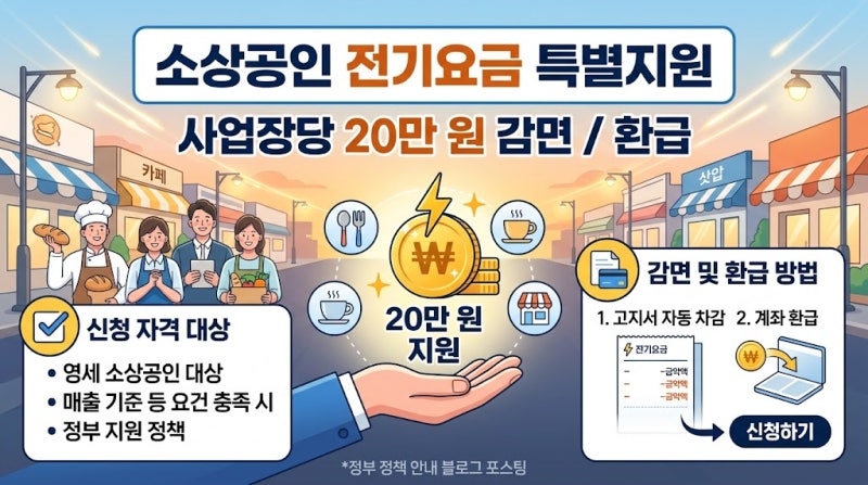 소상공인 전기요금 특별지원 신청 자격 대상 및 20만 원 감면 환급 방법 정리