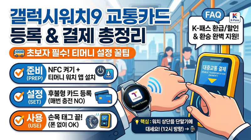 갤럭시워치9 교통카드 등록 및 버스요금 결제 방법 총정리 (티머니 설정 꿀팁)