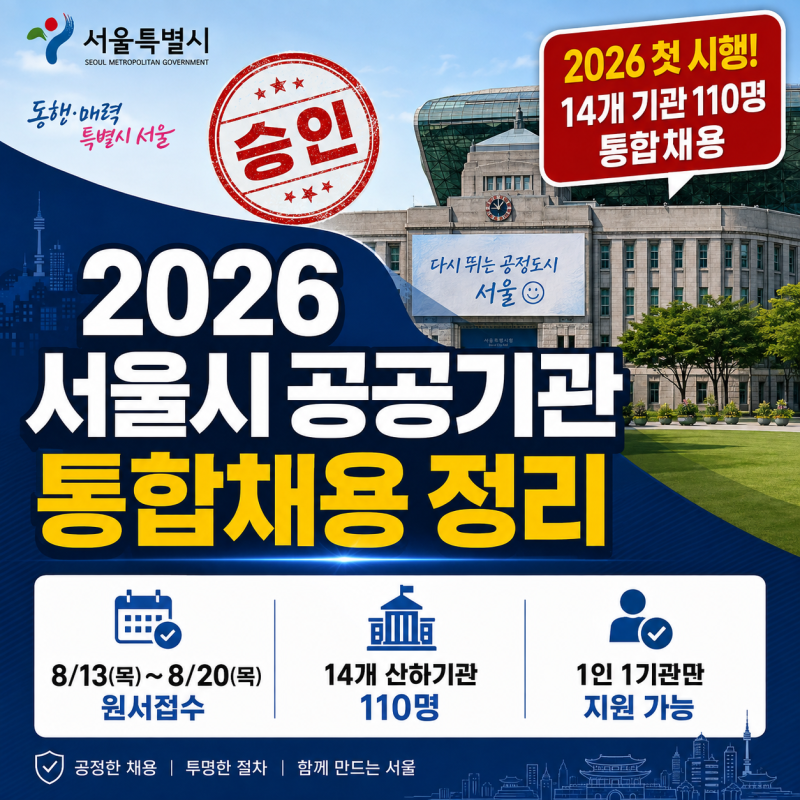 2026 서울시 공공기관 통합채용 첫 시행! 8/13~20 원서접수, 9/19 필기시험 & 기관별 채용인원 한....
