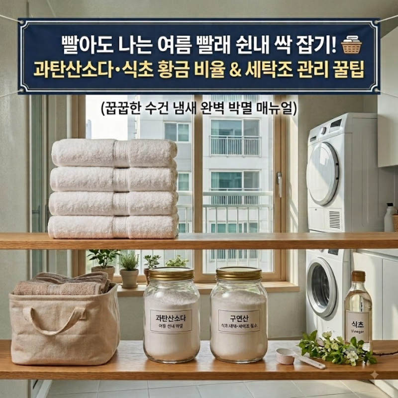 "빨아도 나는 여름 빨래 쉰내 싹 잡는 법! 과탄산소다·식초 황금 비율 & 수건 냄새 박멸 꿀팁....