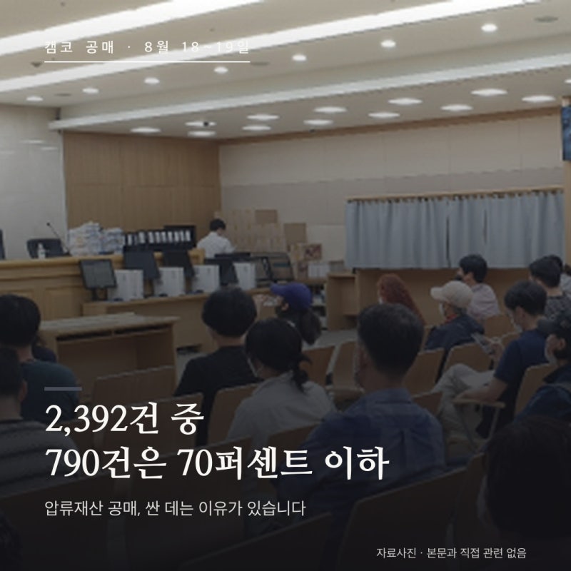 캠코 압류재산 공매 총정리 — 8월 18~19일 2,392건, 감정가 70퍼센트 이하만 790건 (2026년 8월)