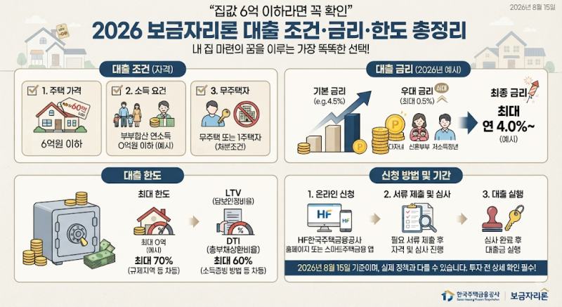 “집값 6억 이하라면 꼭 확인” 2026 보금자리론 대출 조건·금리·한도 총정리