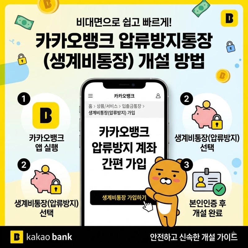 카카오뱅크 전국민 생계비통장(압류방지통장) 개설 방법, 한도, 이자, 필요서류, 핵심 정리