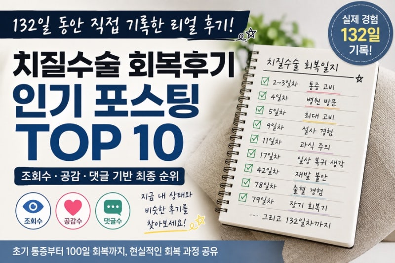 치질 수술 회복 기간 후기 추천, 132일 동안 기록한 인기 포스팅 TOP 10