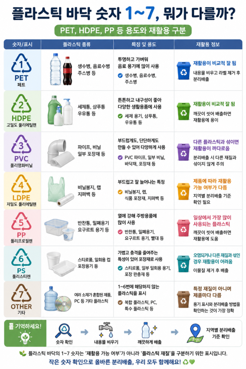 ♻️ 플라스틱 바닥 숫자 1~7, 뭐가 다를까? 페트병부터 반찬통까지! 숫자만 알아도 훨씬 쉽게....