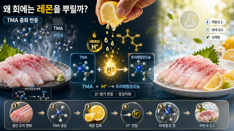회 먹을 때 레몬을 뿌리는 진짜 화학적 이유: 트리메틸아민(TMA) 중화 반응과 악취 제거
