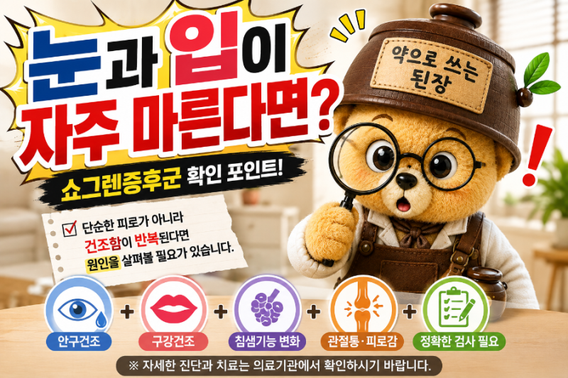 쇼그렌증후군은 흔히 눈과 입이 마르는 증상으로 시작해서 알게 되는 경우가 많습니다.