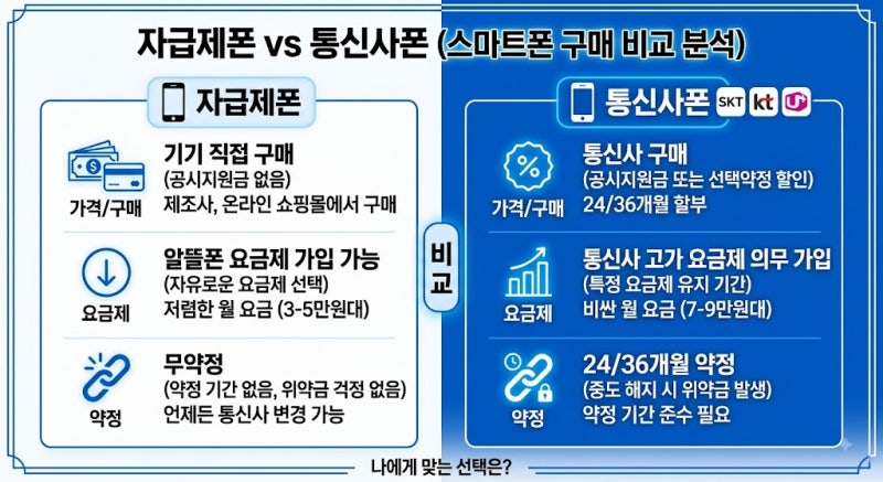 자급제폰 통신사폰 차이와 장단점