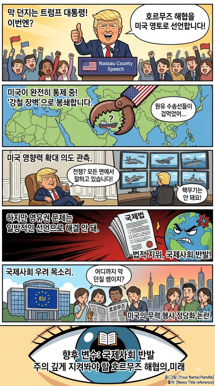 <b>트럼프</b> "호르무즈 해협, 조만간 <b>美 영토 선언</b>" 파격 발언… 중동 지....
