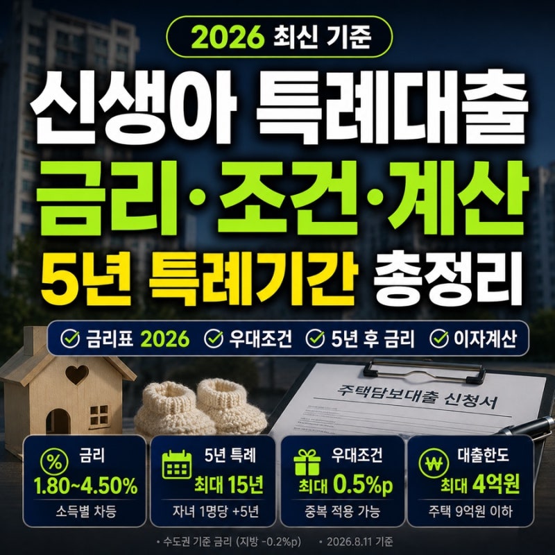 신생아 특례대출 금리 금리표 2026(+우대 조건 계산 5년 변동 기간)