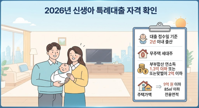 2026년 기준 신생아 특례대출 조건 완벽 가이드: 매매/전세 한도 금리 기간 대환 방공제 총정....