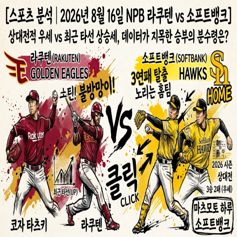[스포츠 분석 | 2026년 8월 16일 NPB 라쿠텐 vs 소프트뱅크] 탈삼진 머신 마츠모토 vs 완투쇼 코자,....