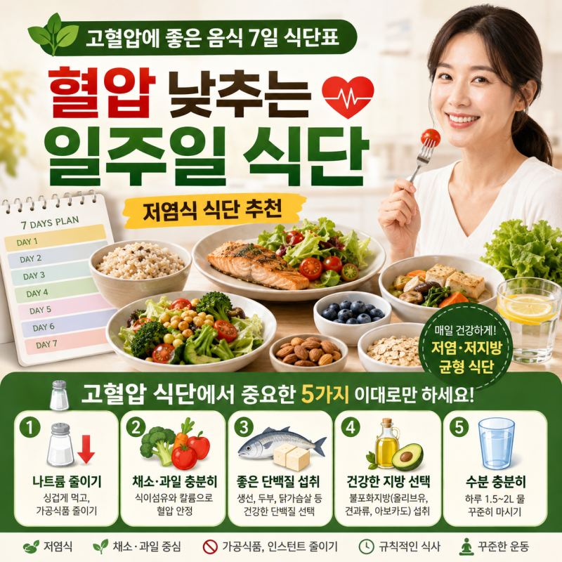 고혈압에 좋은 음식 7일 식단표｜혈압 낮추는 일주일 식단, 저염식 식단 추천 고혈압 식단에....