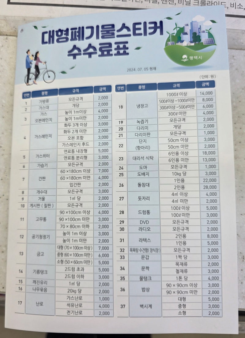 평택시 대형폐기물 스티커 수수료 표