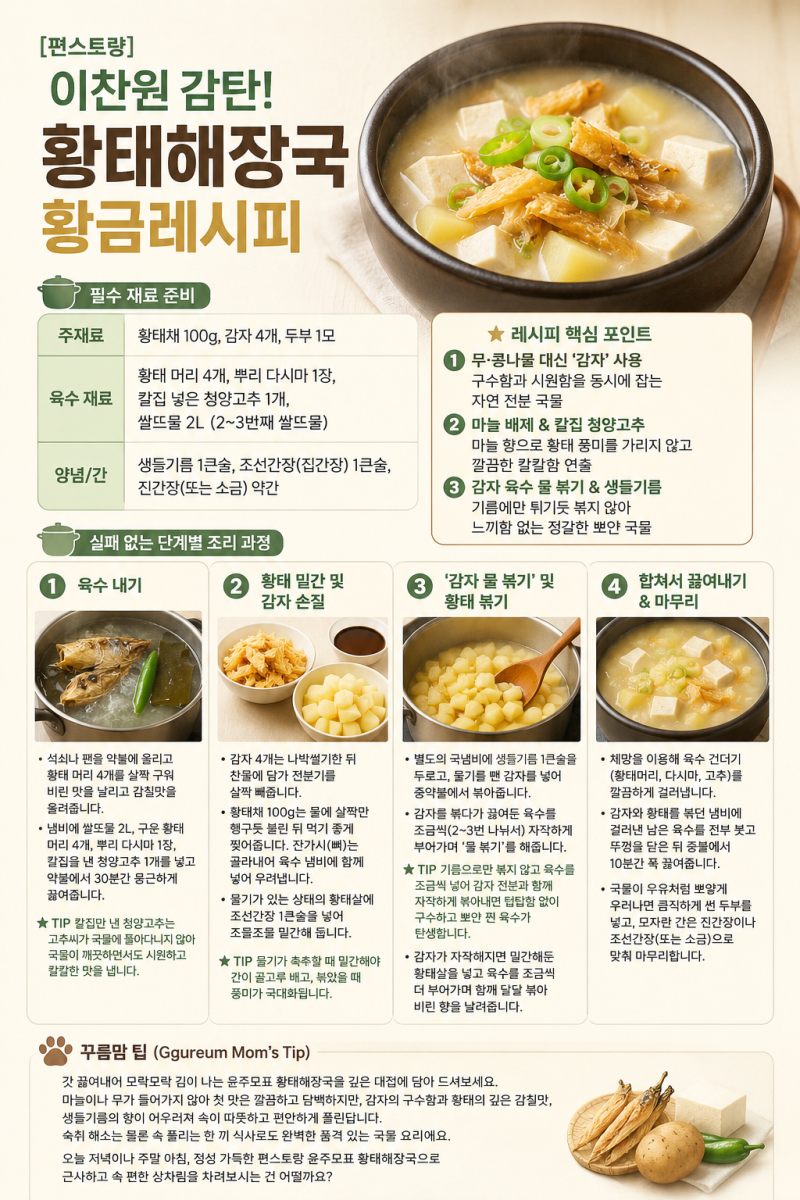 [뚝딱쿡] 편스토랑 이찬원 감탄! 윤주모 황태해장국 황금레시피