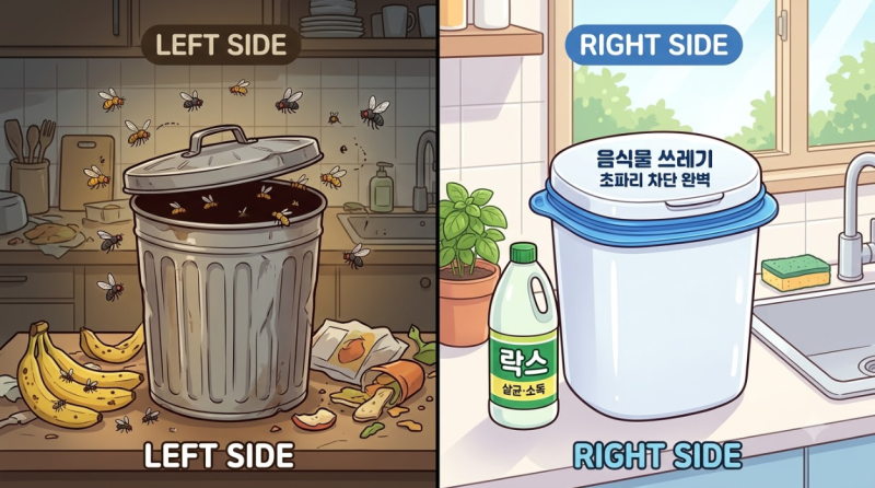 여름철 음식물 쓰레기통 날파리 초파리 차단 밀폐용기 및 락스 팁 완벽 가이드