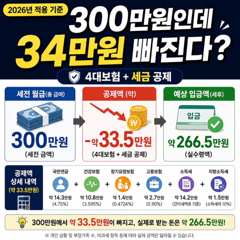 2026 월급 실수령액 300만원인데 왜 266만5천원? 실수령액표로 확인