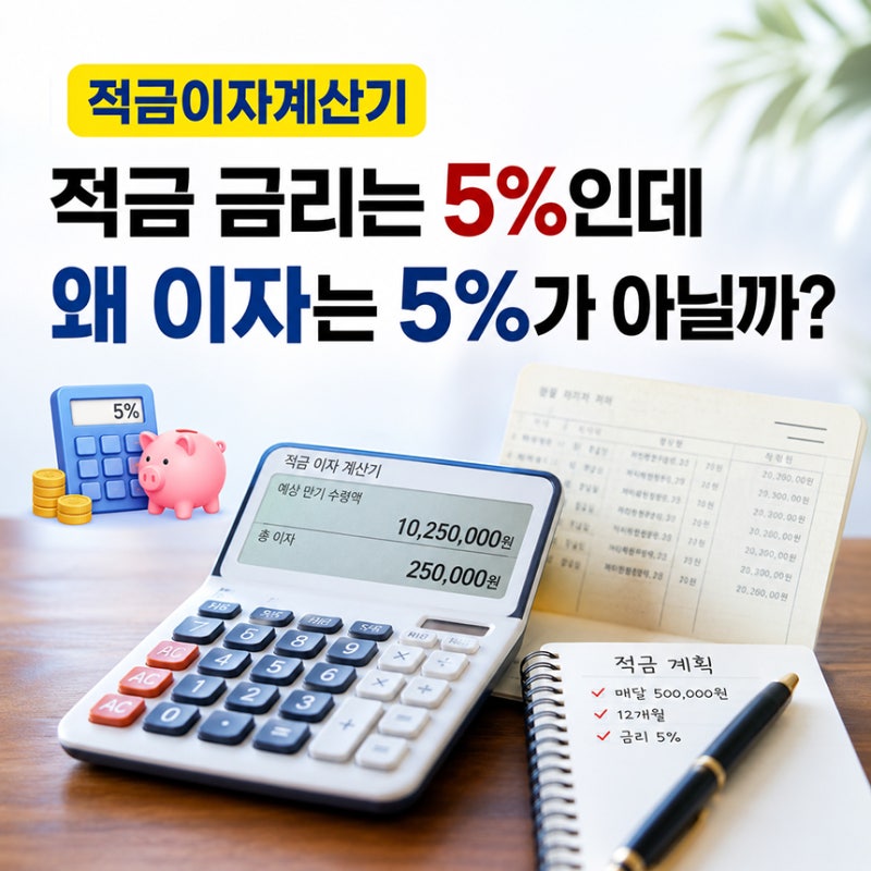 적금이자계산기, 적금 금리는 5%인데 왜 이자는 5%가 아닐까? (KB국민은행)