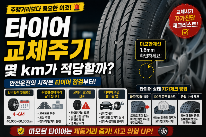 타이어 교체주기 몇 km일까? 마모한계선·교체시기 확인하는 방법 총정리