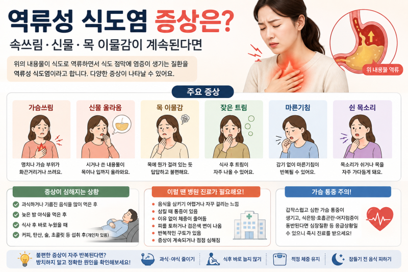 1. 역류성 식도염 증상은?｜속쓰림·신물·목 이물감이 계속된다면