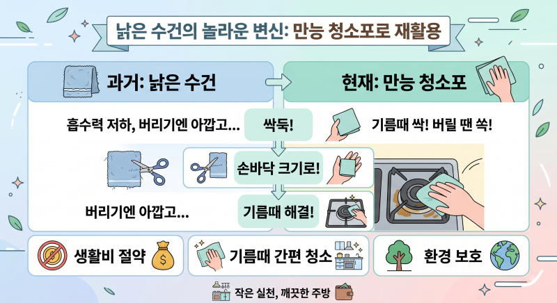 낡은 수건의 재탄생: 손바닥 크기로 싹둑 잘라 가스레인지 기름때 닦아내는 만능 청소포로 ....