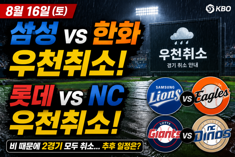 삼성 한화 우천취소, 롯데 NC도 취소…8월 16일 프로야구 경기 왜 취소됐나