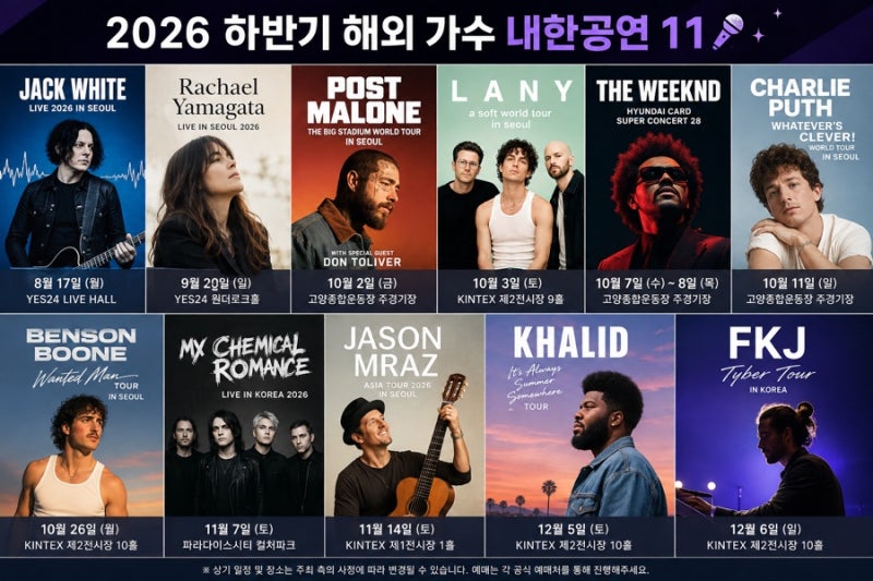 2026 하반기 해외 가수 내한공연 총정리 ｜포스트 말론·위켄드·찰리 푸스·벤슨 분·제이슨 ....
