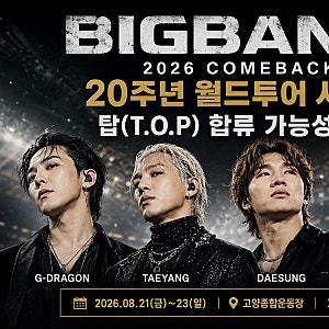 빅뱅 컴백 2026, 20주년 월드투어 시작 탑 T.O.P 합류 가능성은?